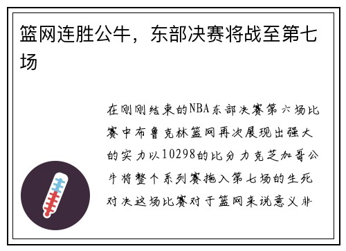 篮网连胜公牛，东部决赛将战至第七场